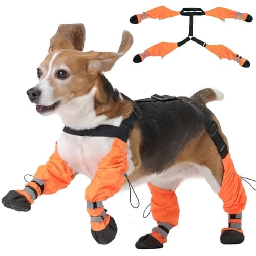 Pezluxe Dog Suspender Boots, Waterproof Anti-Slip Dog Rain Boots with Adjustable Strap for Small Medium Large Dogs, Reflective Paw Protector Pet Shoes for Outdoor Walking, Rain Snow Hiking, Orange, XS