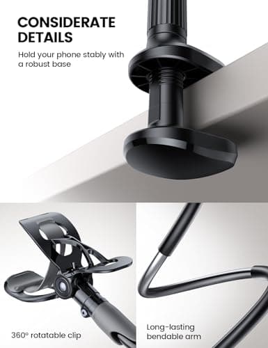 Lamicall Gooseneck Phone Holder for Bed - Cell Phone Mount Clamp Clip, Flexible Long Arm, Overhead Mount for Desk Headboard Bedside, Gifts for iPhone Air 17 Pro Max, 16 15 14 Pro Max and 4-7" Phone — view 5