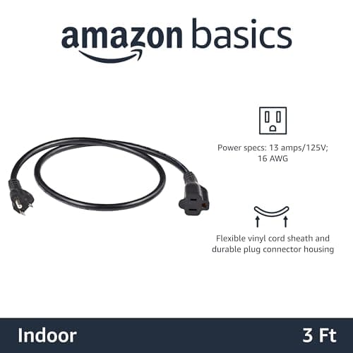 Amazon Basics Extension Cord, 3 Prong Outlet Extender, Indoor Power Extension Cable, 13 Amps, 125V, 3 Ft, Black