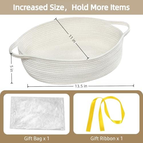 Optish Woven Basket, Gift Empty Basket with Bags and Ribbons, 13.5"x11"x5" Burr Rope Basket for Baby Shower, Durable Storage Basket with Handles for Nursery, Shelves, Toys, White