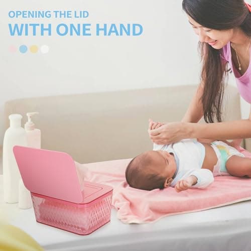 Whiidoom Wipes Dispenser, One-Handed Operation Wipe Holder for Baby & Adult, Seal-Designed Wipes Container for Bathroom Keep Diaper Wipes Fresh (Pink) — view 3
