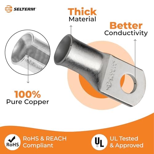 SELTERM 25pcs 1/0 AWG 5/16" Stud Marine Grade Tinned Copper Battery Cable Lugs, 0 Gauge Ring Terminals, UL Wire Lugs Electrical Cable Ends, Terminal Connectors — view 2