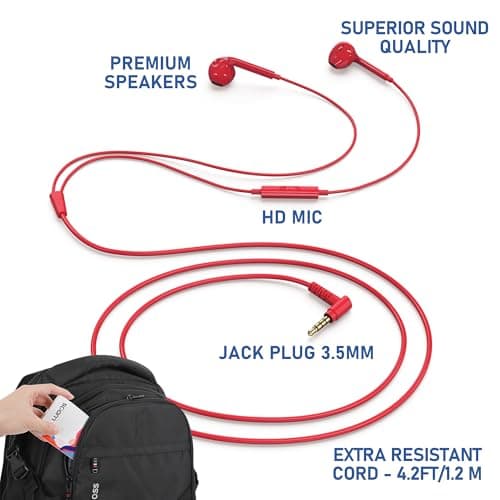 LUDOS Zenith Wired Earbuds in-Ear Headphones, 5 Year Warranty, Earphones with Microphone, Corded for 3.5mm Jack Ear Buds for iPhone, Samsung, Computer, Laptop, Kids, School Students, Woman - Red