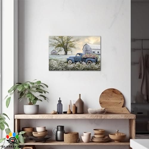 Farmhouse Wall Art, Vintage Barn and White Daisy Florals Picture Canvas Wall Art, Country Old Truck Canvas Prints, Vibrant Spring Landscape Prints for Farmhouse Living Room Wall Decor 18x24 Inches — view 3