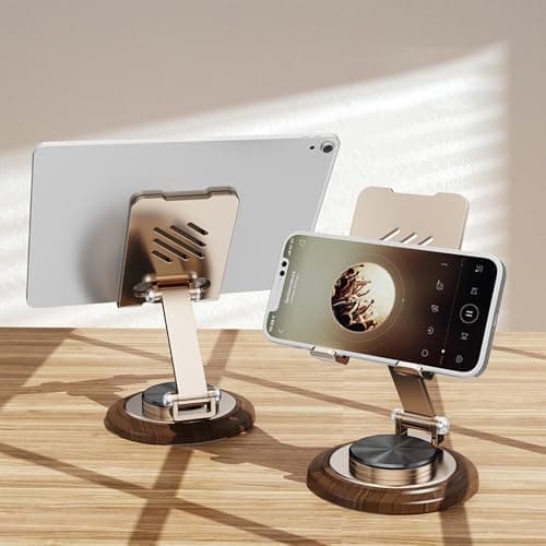Dual Folding Phone Desk Stand, Adjustable Cell Phone Stand Accessories, 360°Rotating Phone Holder for Desk, with Wooden Disc Base, for iPhone 17 16 15 Pro Max and All Smart Phones，Gold/Black (Random)