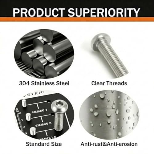 M4 x 20mm (50 Pack) Button Head Socket Cap Screws, 304 Stainless Steel 18-8, Bright Finish, Fully Machine Thread