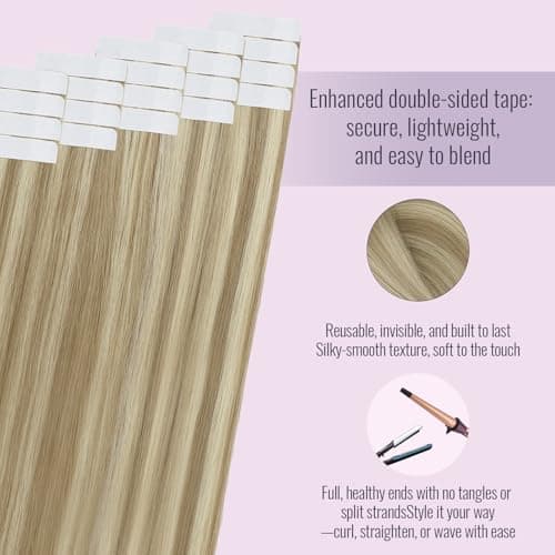 Fshine Tape in Hair Extensions 12 Inch 30g Dark Ash Blonde Highlighted Golden Blonde Hair Extensions Tape in Real Hair 20pcs Invisible Straight Blonde Tape in Remy Human Hair Extensions for Women — view 2
