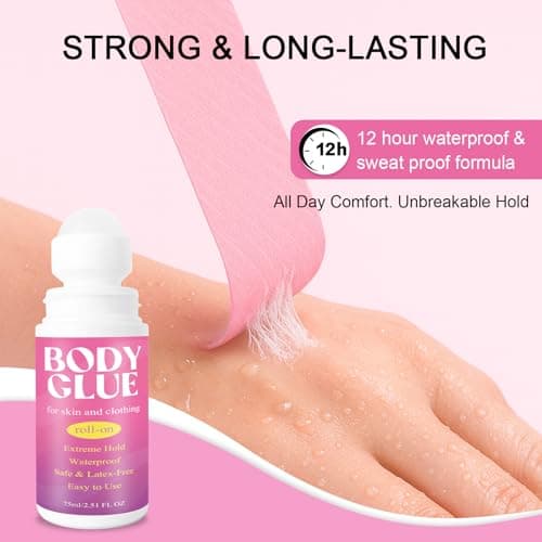 Strong Hold Body Glue for Skin and Fabric, Roll On Clothing Adhesive for Dresses and Dance Costumes, Sweat Resistant Fashion Glue for Socks, Strapless Tops, Performance Wear, 75ml (75ml)