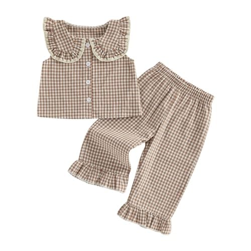 Toddler Baby Girl Clothes Summer Outfit Plaid Gingham Short Sleeve Shirt Sleeveless Tank Tops Pants Set (A6 Khaki, 2-3T)