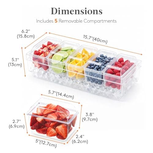 Lifewit Chilled Condiment Containers with Lids, Plastic Taco Bar Serving Set for Party with 5 Containers, Ice Garnish Tray for Mimosa Bar Supplies, Clear Serving Platter for Fruit, Salad, Snack — view 2
