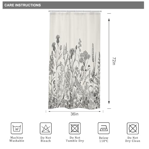Riyidecor Small Stall Wildflower Farmhouse Half Shower Curtain 36Wx72H Inch Narrow Single Botanical Flower Floral Herbs Bathroom Windows Balconies Fabric Polyester Waterproof 7 Pack Plastic Hooks — view 3