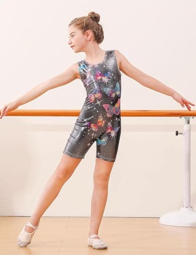 ACOCOPY Girls Black Leotards Sparkly Butterfly Printed Biketards Unitard Sleeveless Stretchy Athletic Outfits With Shorts, little kid — view 2