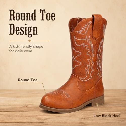 Kids Cowboy Boots Cowgirl Boots For Girls & Boys, Brown Western Cowboy Boots With Side Zipper, Pu Leather Round Toe Little Kid Boots — view 2