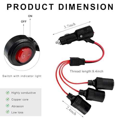 JUSTTOP Car Cigarette Lighter Splitter, 12V/24V 1 to 3 Power Charger Port with 15A Fuse, 3 Way Socket Splitter Cigarette Lighter Extension Cord with On Off Switch, Car Accessories