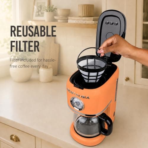 Nostalgia Classic Retro 10 Cup Coffee Maker - One-Touch Drip Brew, Reusable Filter - Anti-Drip, Auto Shutoff, & Time Display - Dishwasher Safe 50 oz Carafe - Orange — view 6