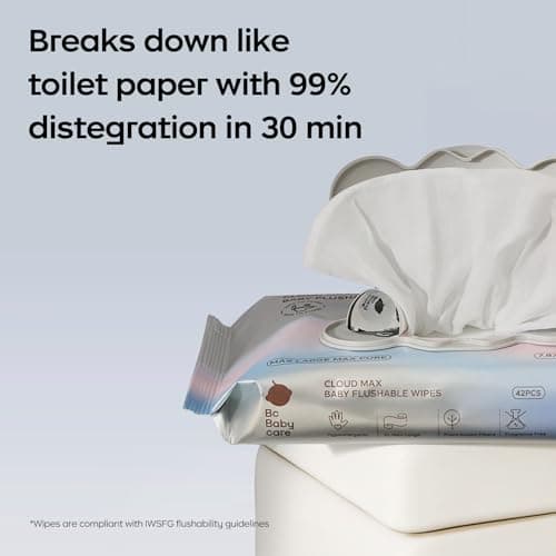 Bc Babycare Cloud Max Flushable Wipes, Hypoallergenic for Sensitive Skin, 99% Water, Plant-Based Fibers, Sewer + Septic Safe, Fragrance Free Toddler Potty Training, 336 Wipes, 8 Pack — view 2