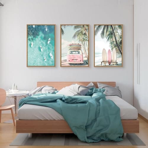 HPNIUB Summer Surfboard Beach Framed Canvas Wall Art Set,Modern Ocean Surfing Seascape Wall Decor,Coastal Bus Coconut Tree Wall Painting,Nature Botanical Art Prints for Living Room, Bedroom-16"x24"x3 — view 4