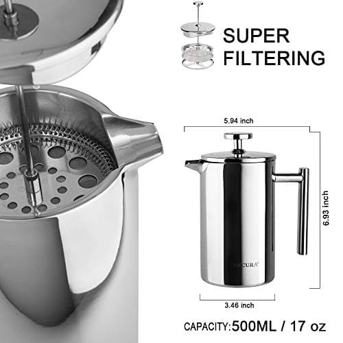 Secura French Press Coffee Maker, 304 Grade Stainless Steel Insulated Coffee Press with 2 Extra Screens, 17oz (0.5 Litre), Silver — view 4