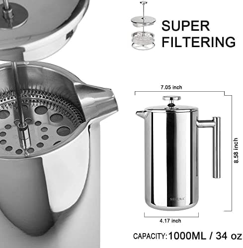 Secura French Press Coffee Maker, 304 Grade Stainless Steel Insulated Coffee Press with 2 Extra Screens, 34oz (1 Litre), Silver — view 3