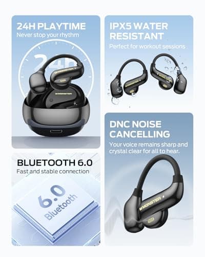 Monster Open Ear AC390 Headphones, Bluetooth 6.0 Earbuds with Stereo Sound, Wireless Headphones 24H Playtime, IPX5 Waterproof, Rotating Charging Case with Lanyard, Ultra-Light Open Ear Earbuds Black — view 4