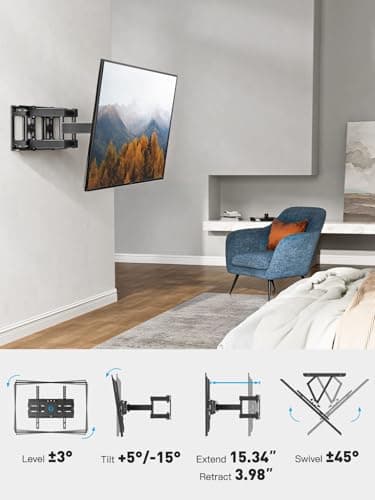 Pipishell Full Motion TV Wall Mount for 26-74 inch TVs, up to 99lbs Max VESA 400x400mm, Wall Mount TV Bracket with Articulating Swivel Extension Tilting Leveling for LED LCD OLED 4K Flat Curved Screen — view 5