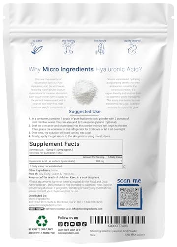 Hyaluronic Acid Serum Powder, 100 Grams | Low Molecular Weight, Cosmetics Grade | Skin Hydration and Moisture Support Supplements | Vegan, Water Soluble (Within 2 Hours)