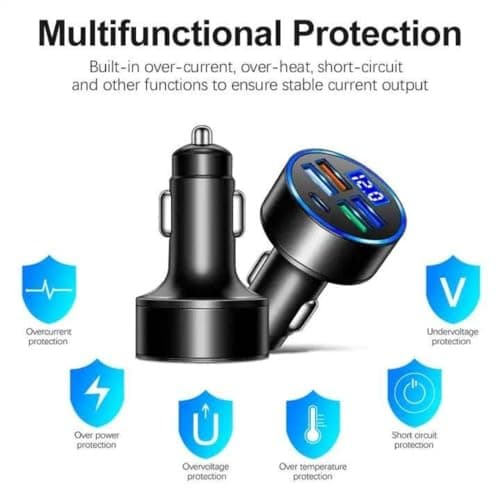 RDRKR 120W 5-Port Car Charger with PD Fast Charging & LED Voltage Display – USB C Cigarette Lighter Adapter (4 USB + 1 PD) for iPhone, Android & Multiple Devices — view 5