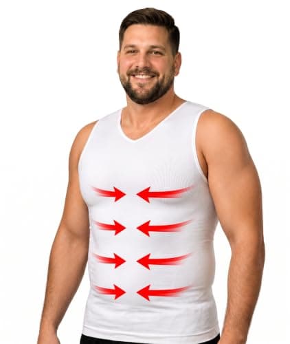 ARMSTRONG AMERICA Mens Compression Shirt Slimming Shapewear | V Neck Gynecomastia Compression Shirts for Men | Body Shaper Undershirt Tank Top (XX-Large, White)