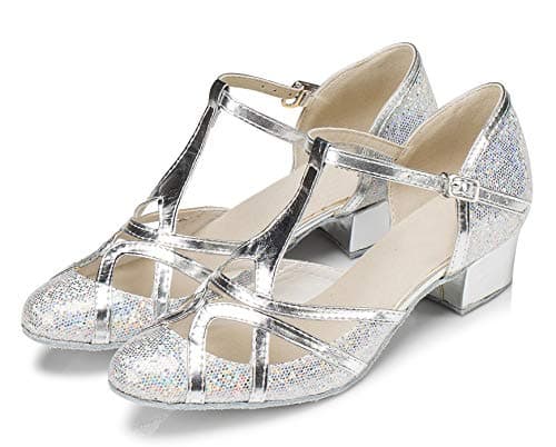 Minishion Women's T-strap Dance Heels Glitter Salsa Ballroom Shoes Wedding Party Pumps, Silver-3.5cm Heel, 10 — view 4