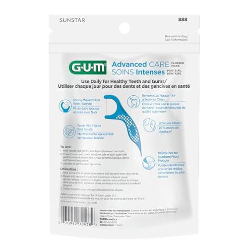 GUM Advanced Care Flosser Picks, Infused with Vitamin E & Fluroide, Fresh Mint Flavour, Blue, 90 Flossers (1 Bag) — view 2