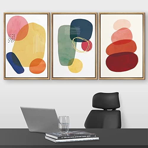 wall26 Framed Canvas Wall Art Print Set Multicolor Transparent Circle Variety Abstract Shapes Illustrations Modern Art Bohemian Colorful for Living Room, Bedroom, Office - 24"x36"x3 Natural