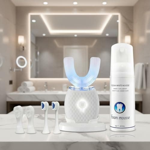 360° Ultrasonic U-Shaped Electric Toothbrush – Hands-Free Auto Cleaning with Foam Mousse, 4 Brush Heads, LED Light & Charging Base for Adults (White) — view 5