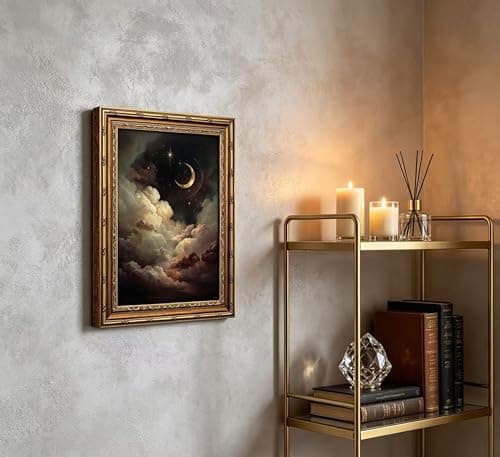 Vintage Gold Framed Celestial Wall Art, Moody Moon and Stars Gothic Painting Canvas Print, Dark Academia Wall Decor,Mystical Celestial Poster Artwork, for Living Room Bedroom Bathroom — view 5
