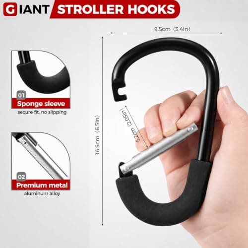 iBestgol 6.5-Inch Stroller Hooks for Bags, 2-Pack Extra Large Heavy-Duty Carabiner Clips, Universal Pram Accessories for Moms — view 3
