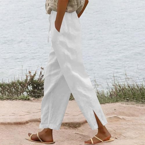 TXGMNA Cotton Linen Pants for Women Casual Loose Flowy Palazzo Pants Drawstring Waist Trousers Summer Beach Vacation Outfits White