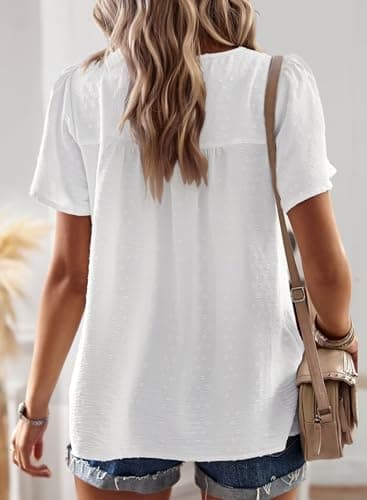 Falechay Womens Summer Blouses Crew Neck Lace Hem Basic Tee Shirts Flowy Chiffon Blouses Clothing for Women White L — view 2