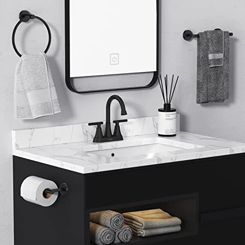 Bathroom Faucets for Sink 3 Hole, Hurran 4 inch Matte Black Bathroom Sink Faucet with Pop-up Drain and 2 Supply Hoses, Stainless Steel Lead-Free 2-Handle Centerset Faucet for Bathroom Sink Vanity RV — view 5