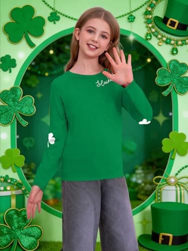 Girls St. Patrick's Day Shirt Kids Lucky Shamrock Graphic Tee St Pattys Long Sleeve Tops(Green2,150) — view 2