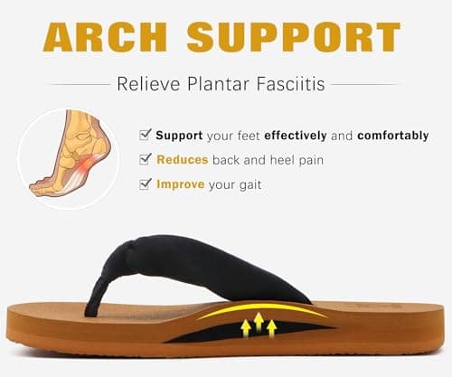KuaiLu Flip Flops Women Arch Support Yoga Mat Comfortable Summer Beach Walking Thong Cushion Sandals Slip on Outfits Travel Essential Orthotic Slides Indoor Outdoor Slippers Shoes Black Khaki Size 6.5 — view 3