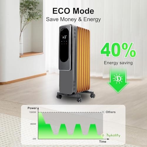 Hykolity Oil Filled Radiator Heater, 1500W Electric Space Heater for Large Room, 7 M-Shaped Fins, ECO, 24H Timer, Digital Thermostat, Power Memory, Overheat & Tip-Over Protection, Home Office — view 2