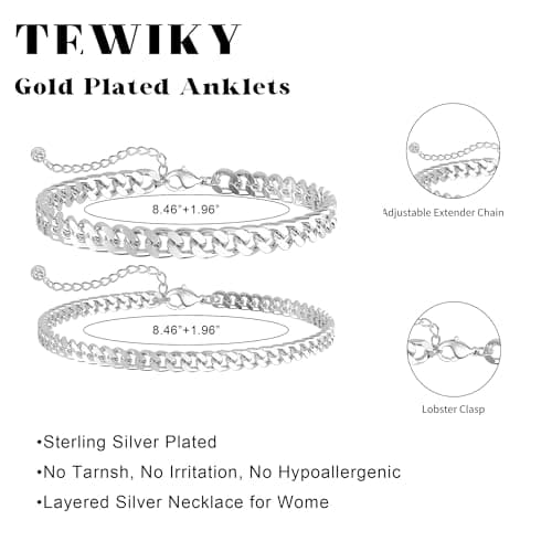Tewiky Chunky Ankle Bracelets for Women,Dainty Layered Waterproof Anklet for Women Adjustable Cuban Set Stackable Cute Summer Beach Jewelry Gift — view 5