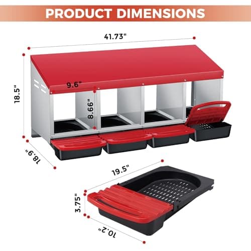Chicken Nesting Box 4 Compartments, Metal Nesting Box for Laying Hens, Large Egg Gathering Box for Chicken Coop Outdoor, Red