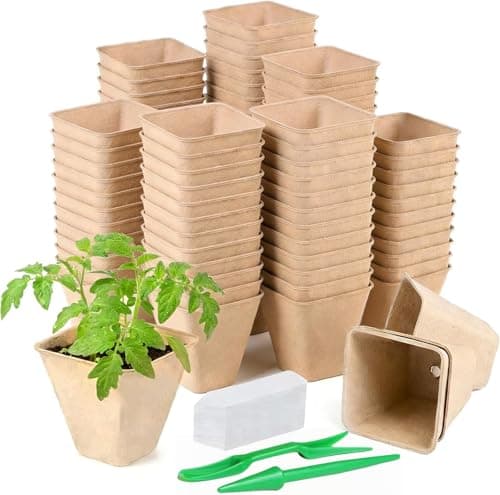 100 Pcs Square Peat Nursery Pots 3 Inch, Biodegradable Peat Pots Plant Starters with Drainage Holes, Organic Germination Plant Starter with Plant Labels for Indoor Outdoor Gardens