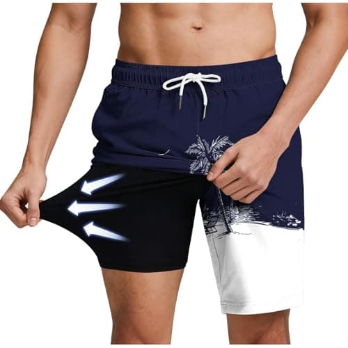 Mens Vacation Shorts, Mens Swim Trunks with Compression Liner Stretch Board Shorts 2 in 1 Quick Dry Hawaiian Swim Shorts 7'' Inseam Beach Swimwear Navy — view 3