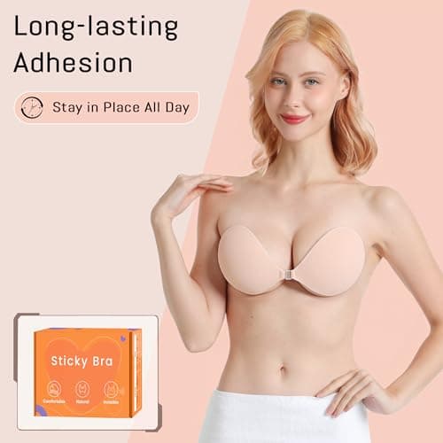 GKHWON Adhesive Bra Strapless Backless Invisible Push Up Sticky Bra with Silicone Nipple Covers Reusable Beige B — view 2