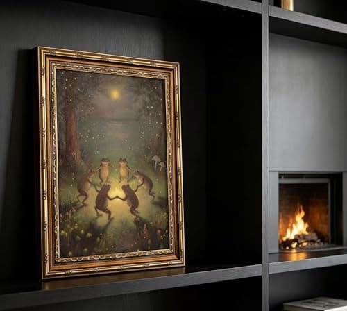 Vintage Gold Framed Frog Wall Art,Frogs Dancing in Moonlight Forest Painting Canvas Prints,Whimsical Animal Wall Decor,Retro Country Toad Poster Artwork,for Corridor Living room Bedroom Kitchen — view 6