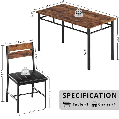 IRONCK Dining Table Set for 4, Wood Kitchen Table with Upholstered Chairs for Kitchen Room and Small Spaces (Rustic Brown)