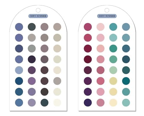 Ultimate 12 Season Color Analysis Template Cards (Set of 2),Portable Color Matching Guide for Outfits & Makeup,Scratch-Proof Double-Sided Palette with 60+ Color & Bead Ball Chains (Soft Summer)