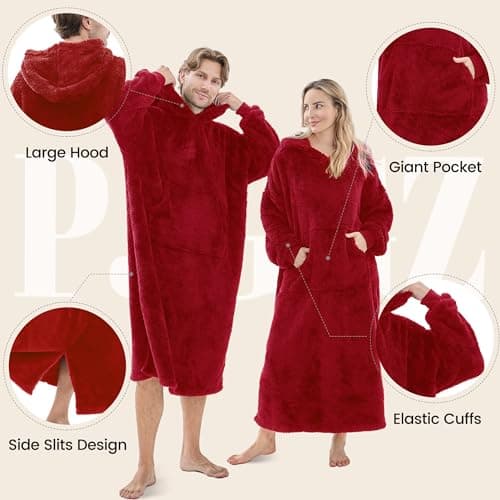 PJGGZ Wearable Blanket Hoodie for Women Men, Fleece Warm Comfy Hooded Sweatshirt with Pockets & Sleeves Cozy Gift for Adult(Red,Oversize)