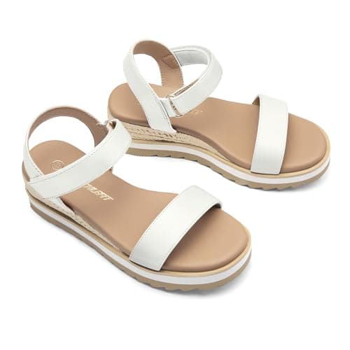 Athlefit Girls White Sandals Platform Wedge Espadrille Open Toe Sandals Ankle Strap Party Wedding Dress Shoes for Party Wedding Size 4 Big Kid — view 4